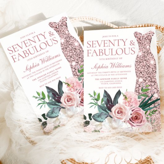 Blush Pink Rose Gold Dress 70. Geburtstag Einladung