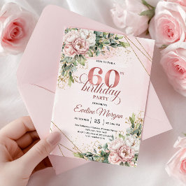 Blush Pink Rose Gold Floral 60th Birthday Invites Einladung