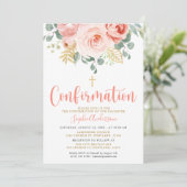 Blush Pink Rose Gold Floral Cross Bestätigung Einladung (Stehend Vorderseite)