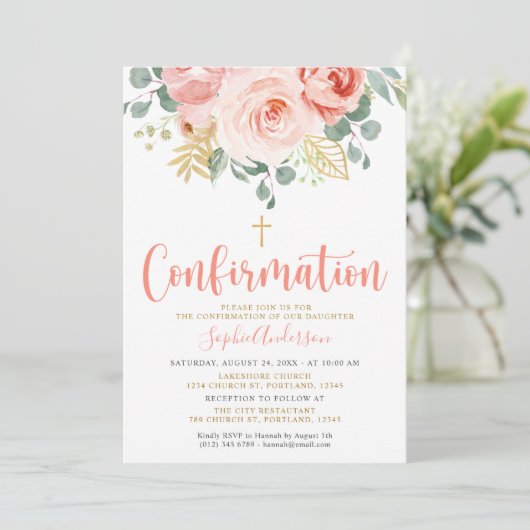 Blush Pink Rose Gold Floral Cross Bestätigung Einladung (Stehend Vorderseite)