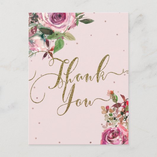 Blush Pink Rose Gold Floral Moderne Vielen Dank Postkarte (Vorderseite)