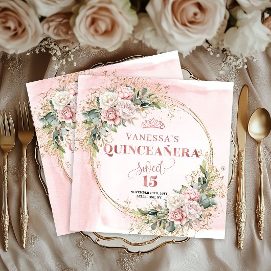 Blush Pink Rose Gold Flowers Mis Quince Napkins Serviette