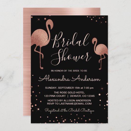 Blush Pink - Rose Gold Foil Flamingo Brautparty Einladung (Vorne/Hinten)