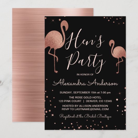 Blush Pink - Rose Gold Foil Flamingo Hen's Party Einladung (Vorne/Hinten)