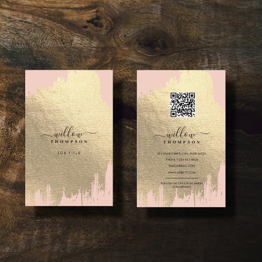 Blush Pink Rose Gold Foil Pinselstriche QR Code Visitenkarte