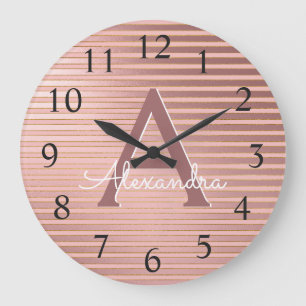 Blush Pink & Rose Gold Foil Streifen Monogramm Nam Große Wanduhr