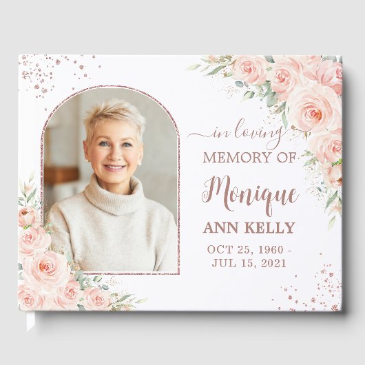 Blush Pink Rose Gold Gedenkstätte Beerdigung Foto Gästebuch (Vorderseite)