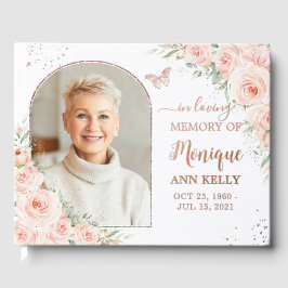 Blush Pink Rose Gold Gedenkstätte Beerdigung Foto Gästebuch