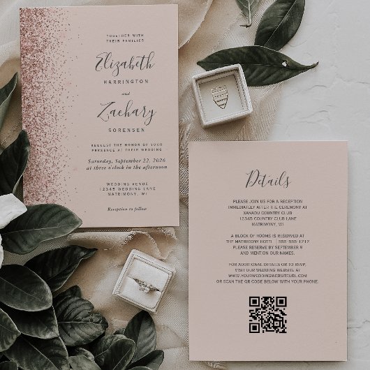 Blush Pink Rose Gold Glitzer QR Code Hochzeit Einladung