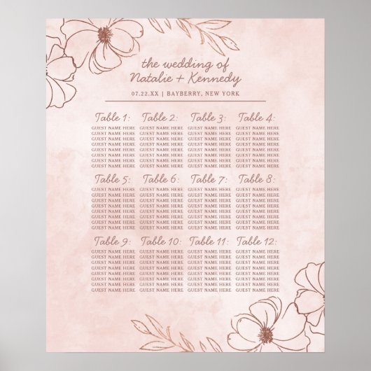Blush Pink & Rose Gold Hochzeitstabelle Poster (Vorne)