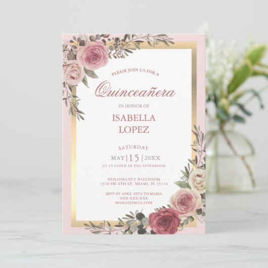 Blush Pink Rose Gold Quinceñera Einladung (Stehend Vorderseite)