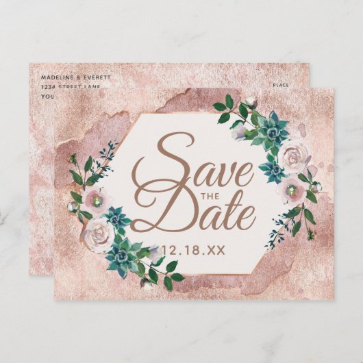 Blush Pink Rose Gold Sukkulturen Save the Date Ankündigungspostkarte (Vorne/Hinten)