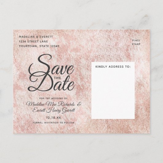 Blush Pink Rose Gold Sukkulturen Save the Date Ankündigungspostkarte (Rückseite)