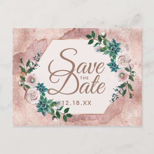 Blush Pink Rose Gold Sukkulturen Save the Date Ankündigungspostkarte (Vorderseite)
