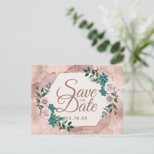 Blush Pink Rose Gold Sukkulturen Save the Date Ankündigungspostkarte (Stehend Vorderseite)