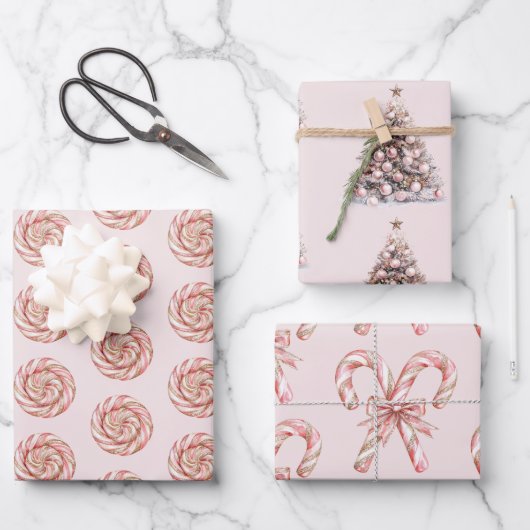 Blush Pink Rose Gold Weiße Pfefferminzen Weihnacht Geschenkpapier Set (Vorderseite)