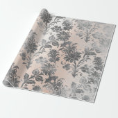 Blush Pink Rose Grau Blumenpulver Grauer Damast Geschenkpapier (Ungerollt)