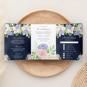 Blush Pink Rose Lila Hydrangea Navy Blue Wedding Dreifach Gefaltete Einladung
