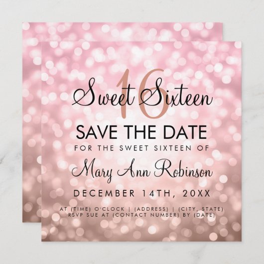 Blush Pink Rose Sweet 16 Geburtstag Glitzer Lights Einladung (Vorne/Hinten)