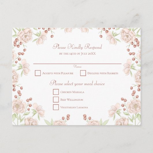Blush Pink Rose Wedding RSVP Feiertagspostkarte (Vorderseite)
