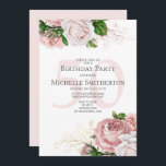 Blush Pink Rose Weiß 50. Geburtstag Einladung<br><div class="desc">Elegante moderne botanische rot-rosa Aquarellblüte (Rose) und Grün auf dem weißen Garten-Thema 50. Geburtstagsfeier Einladung. Text,  Schriftart,  Schriftart und Farbe sind vollständig anpassbar,  sodass diese Karte auf Ihren Anzug angepasst werden kann.</div>