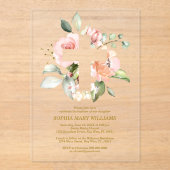 Blush Pink Rose & White Cross Girl Taufe Acryleinladungen (Vorderseite)