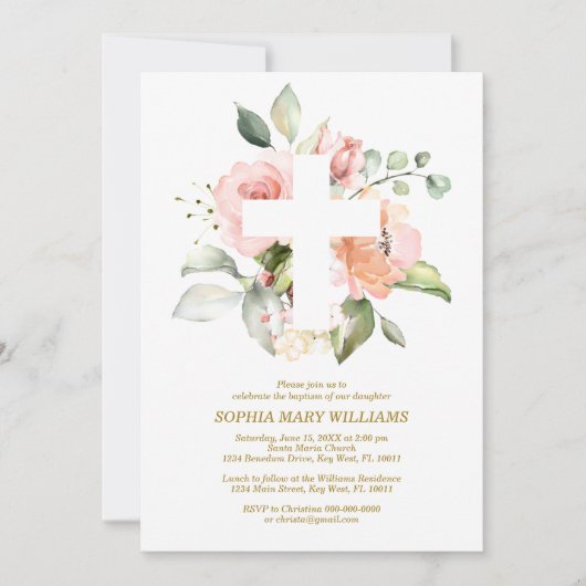 Blush Pink Rose & White Cross Girl Taufe Einladung (Vorderseite)