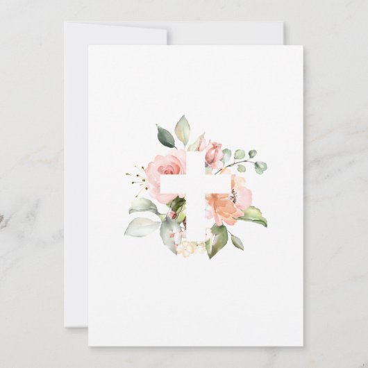 Blush Pink Rose & White Cross Girl Taufe Einladung (Rückseite)