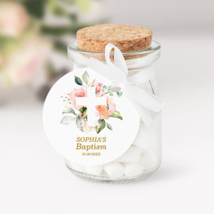 Blush Pink Rose & White Cross Girl Taufe Runder Aufkleber