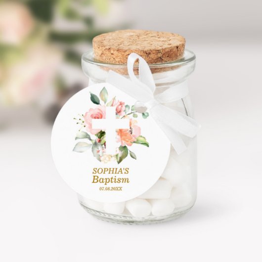 Blush Pink Rose & White Cross Girl Taufe Runder Aufkleber