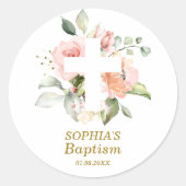 Blush Pink Rose & White Cross Girl Taufe Runder Aufkleber (Vorderseite)