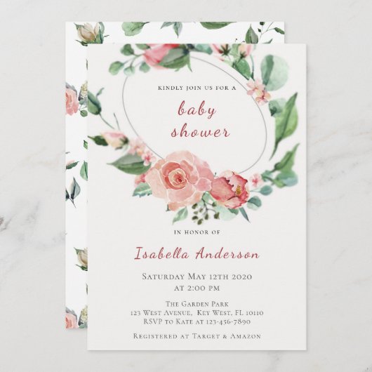 Blush Pink Roses Bloral Baby Dusche Einladung (Vorne/Hinten)