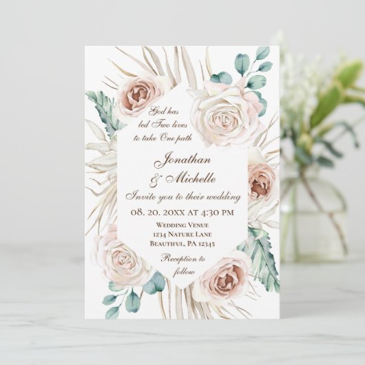 Blush Pink Roses Boho Christliche Hochzeit Einladung (Stehend Vorderseite)