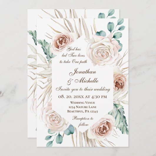 Blush Pink Roses Boho Christliche Hochzeit Einladung (Vorne/Hinten)
