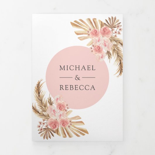 Blush Pink Roses Boho Pampas Arch QR Code Hochzeit Dreifach Gefaltete Einladung (Cover)
