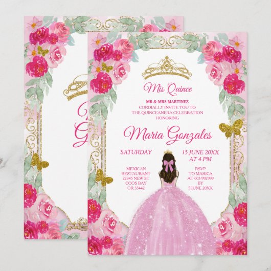 Blush Pink Roses Charra Mis Einladung (Vorne/Hinten)