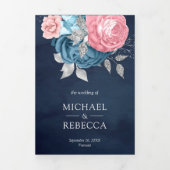 Blush Pink Roses Dusty Blue Floral Navy Hochzeit Dreifach Gefaltete Einladung (Cover)