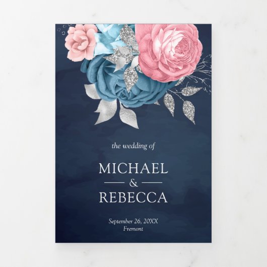 Blush Pink Roses Dusty Blue Floral Navy Hochzeit Dreifach Gefaltete Einladung (Cover)