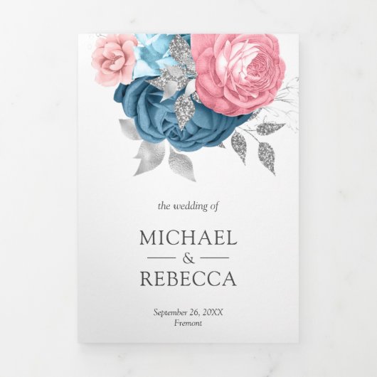 Blush Pink Roses Dusty Blue Floral Wedding Dreifach Gefaltete Einladung (Cover)