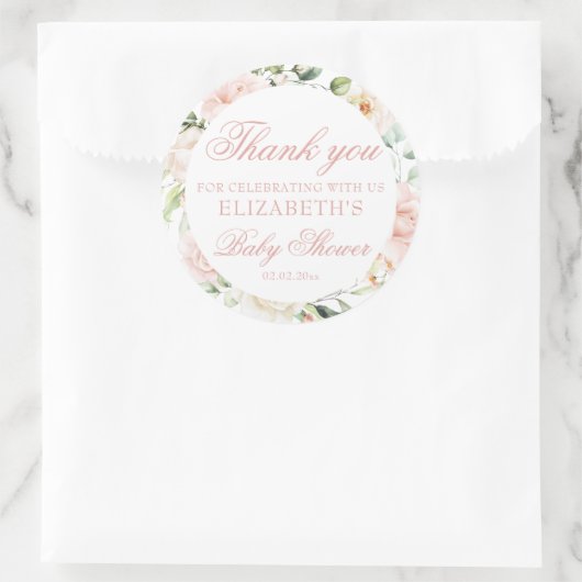 Blush Pink Roses Eucalyptus Girl Baby Dusche Runder Aufkleber (Tasche)