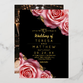 Blush Pink Roses Gold Foil Black Modern Wedding  Folieneinladung
