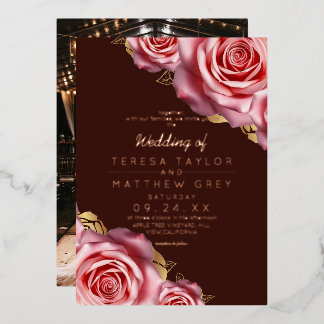 Blush Pink Roses Gold Foil Burgundy Wedding  Folieneinladung