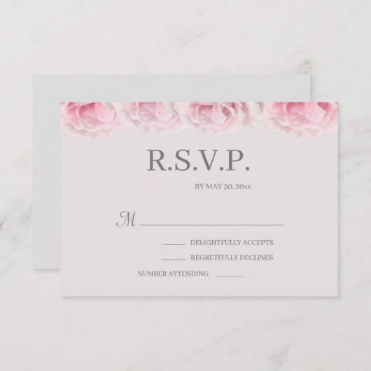 Blush Pink Roses Gray Elegante Blumenzange RSVP Einladung (Vorne/Hinten)
