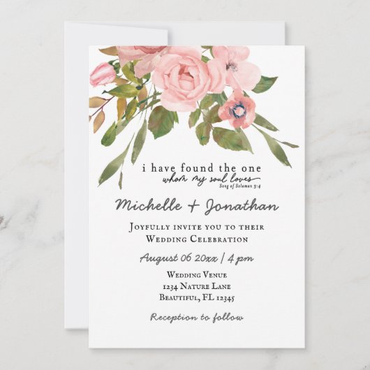 Blush Pink Roses Grüne Christliche Hochzeit Einladung (Vorderseite)