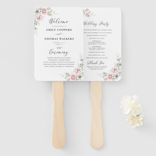 Blush Pink Roses Hochzeitsprogramm Hand Fan Fächer (Vorne und Hinten)