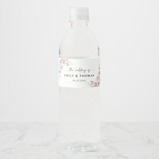 Blush Pink Roses Hochzeitswasser Flasche Etikett (Vorderseite)