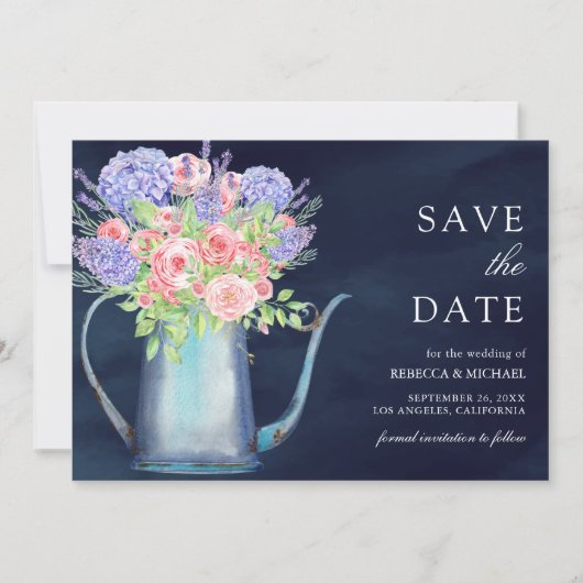 Blush Pink Roses Hydrangea Navy Blue Wedding Save The Date (Vorderseite)