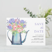 Blush Pink Roses Lila Hydrangea Hochzeit Save The Date (Stehend Vorderseite)