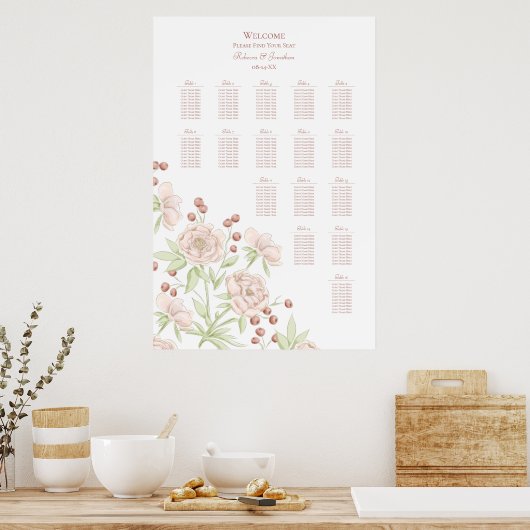 Blush Pink Roses Modern Wedding Seating Chart Poster (Küche)