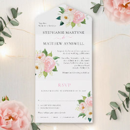 Blush Pink Roses Moderne blumenreiche Hochzeit All In One Einladung